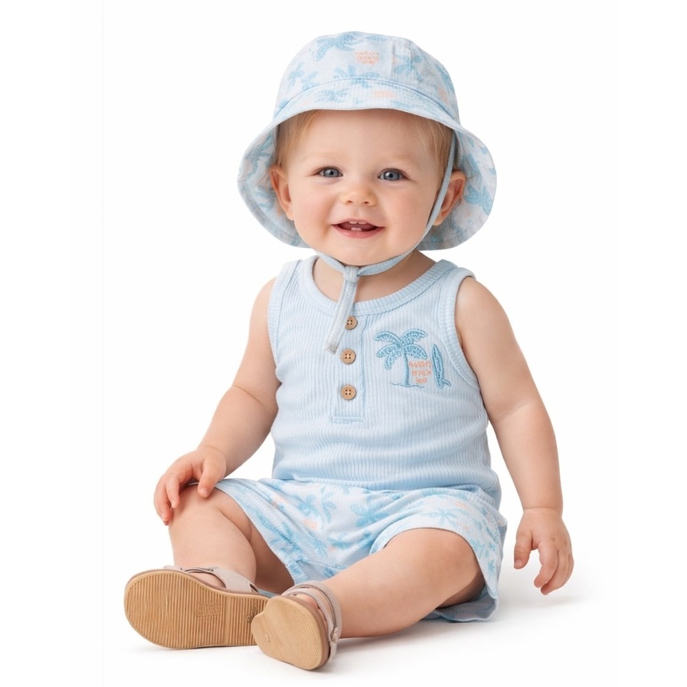 CHICKPEA 3 Piece Palm Tree Tank Shorts Hat Set 6-9M Blue Tropical NWT